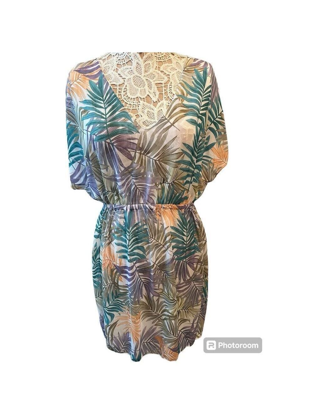 SHEIN Women's Tropical Print Short Sleeve Cover-Up Dress Multicolor V-Neck